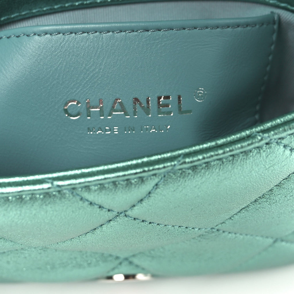 Metallic Lambskin Quilted Mini Lacquered Chain Flap Turquoise