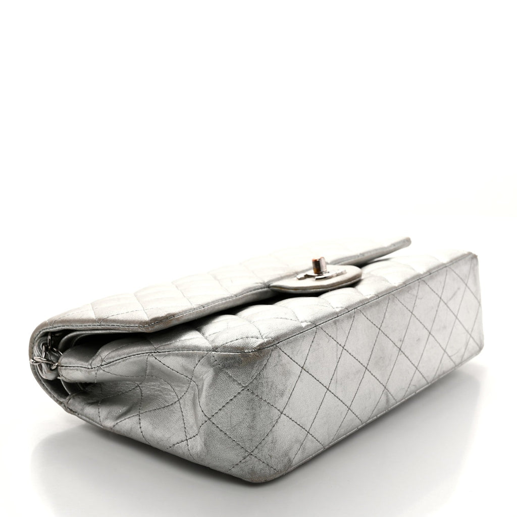 Metallic Lambskin Quilted Medium Double Flap Silver
