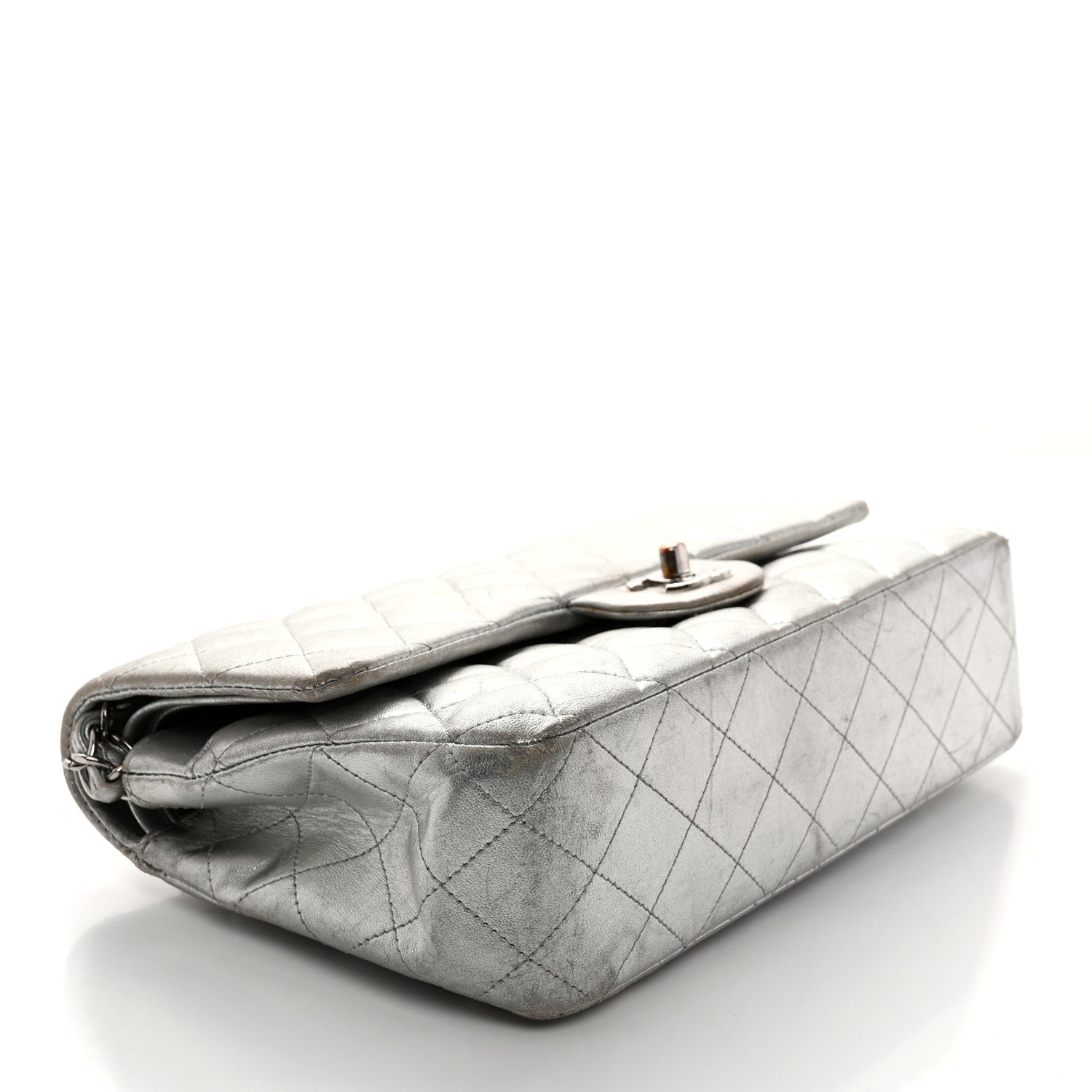 Metallic Lambskin Quilted Medium Double Flap Silver