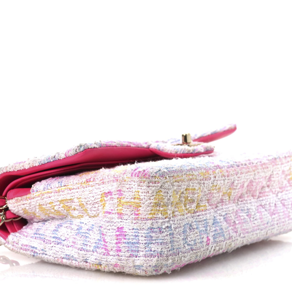 Tweed Quilted Enamel CC Logo Medium Double Flap Pink Multicolor