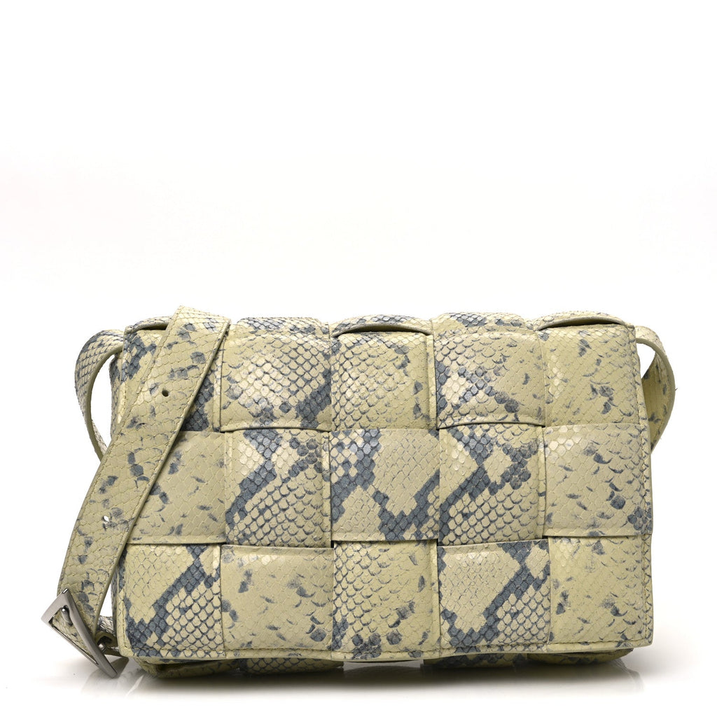 Goatskin Python Embossed Padded Cassette Crossbody Bag Kiwi Black Silver