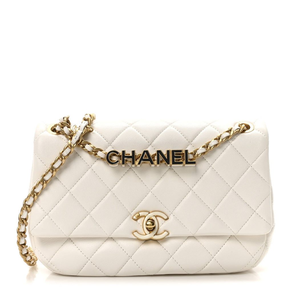 Lambskin Quilted Small Enamel Logo Chain Flap White