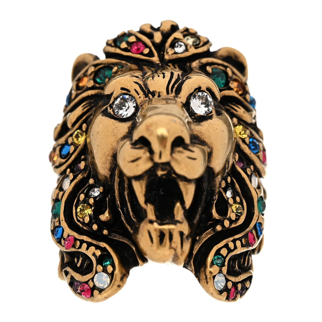 Metal Crystal Lion Head Ring 50 5.25 Aged Gold