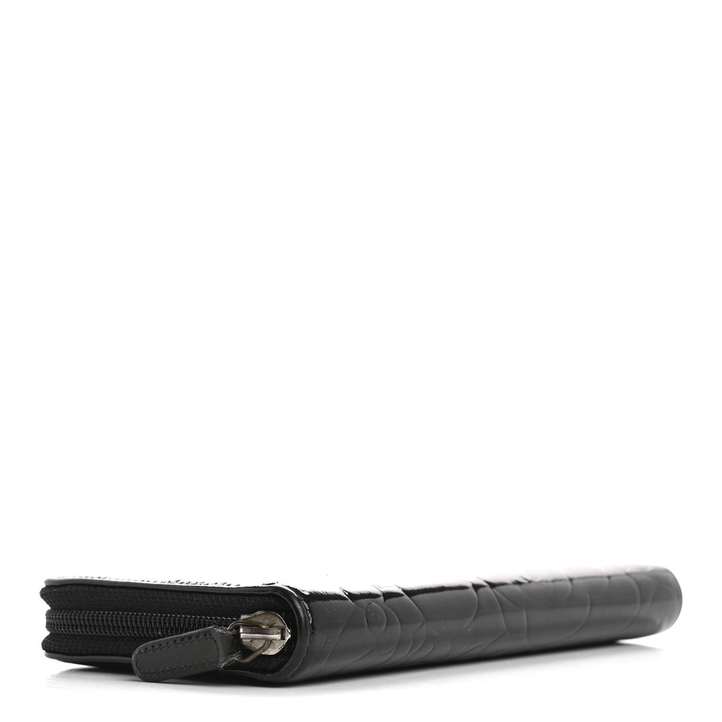Patent Camellia Embossed Large Zip Around Gusset Wallet Black