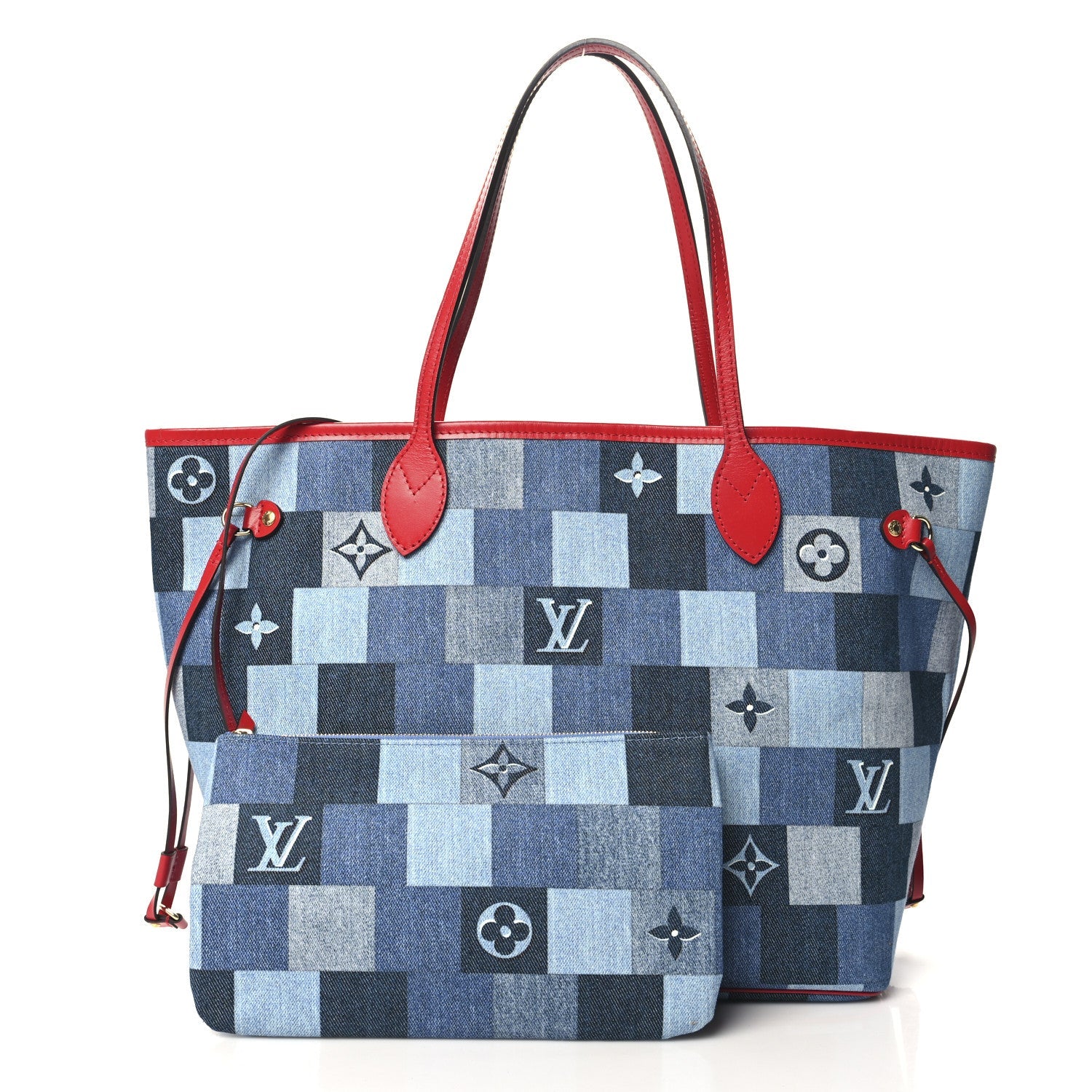 Denim Damier Monogram Patchwork Neverfull Blue Rouge
