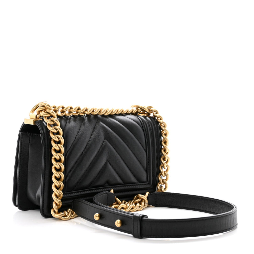 Lambskin Chevron Quilted Small Boy Flap Black