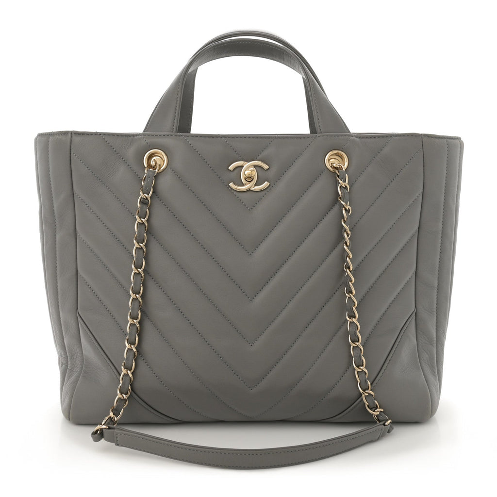 Calfskin Chevron Quilted Statement Shopping Tote Grey