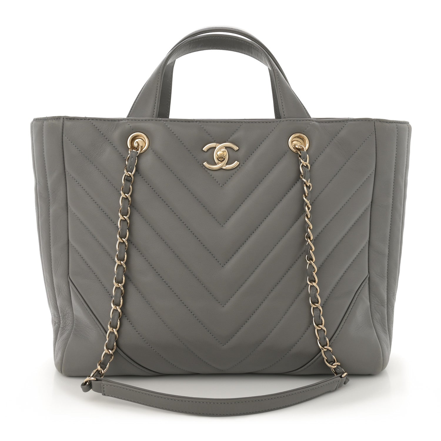 Calfskin Chevron Quilted Statement Shopping Tote Grey
