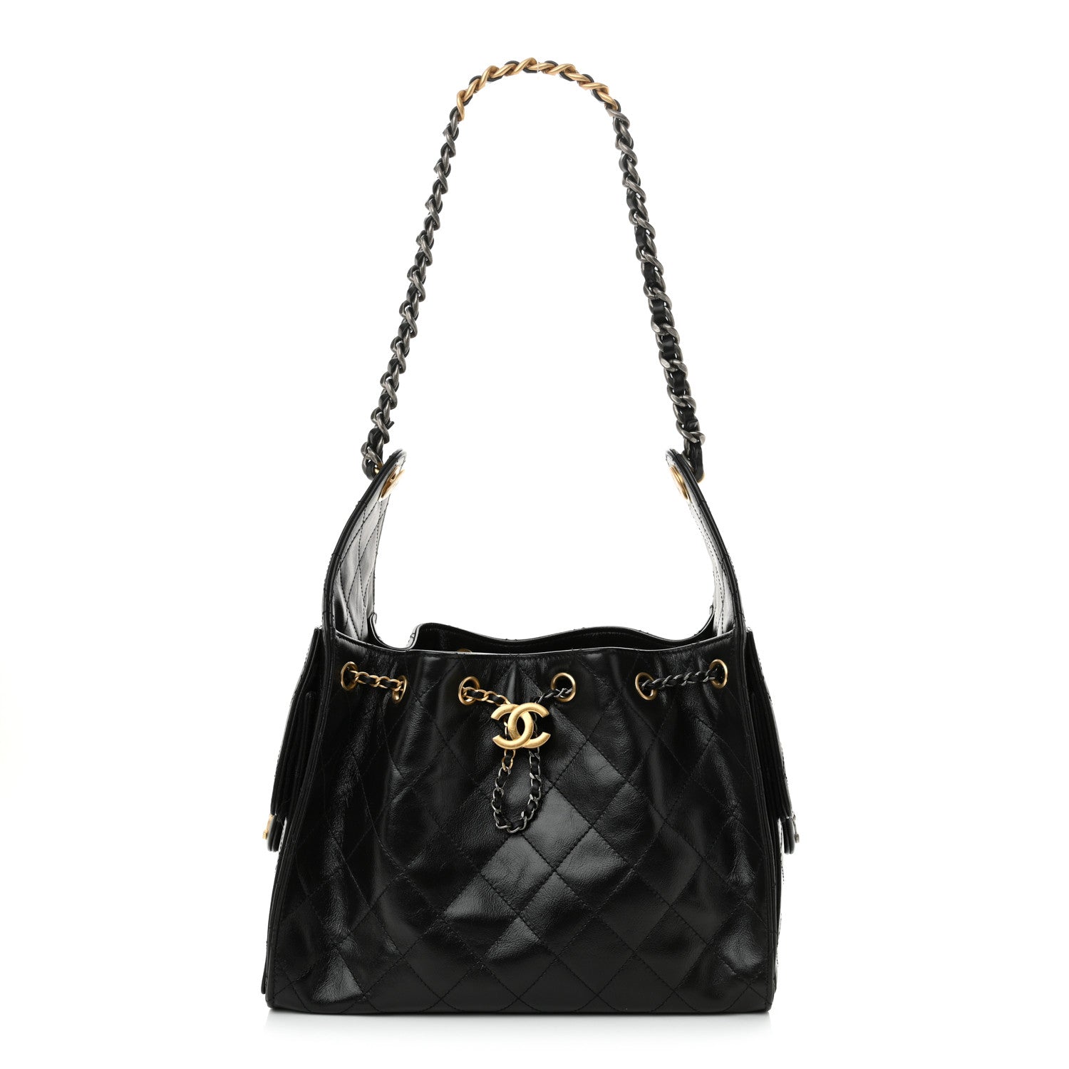 Shiny Crumpled Calfskin Quilted Small Chanel 25 Handbag Black