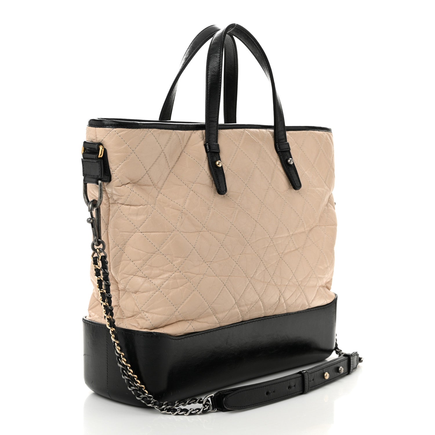 Aged Calfskin Quilted Large Gabrielle Shopping Tote Beige Black
