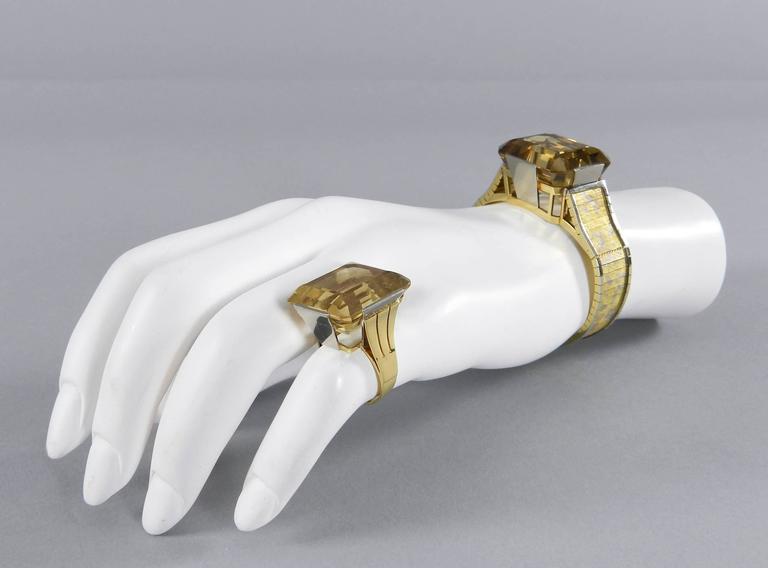 Vintage 1970's Retro Style Eszeha Smoky Citrine Gold Bracelet and Ring Set