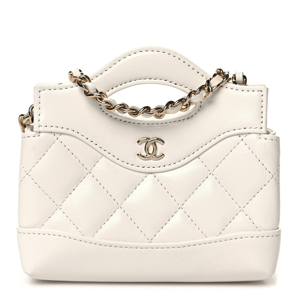 Shiny Lambskin Quilted Micro 31 Clutch With Chain White