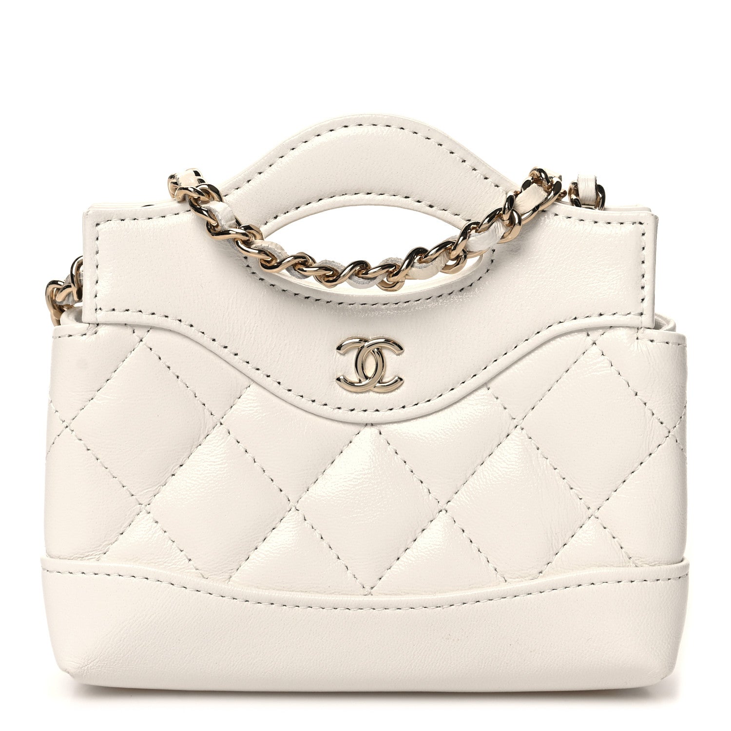 Shiny Lambskin Quilted Micro 31 Clutch With Chain White