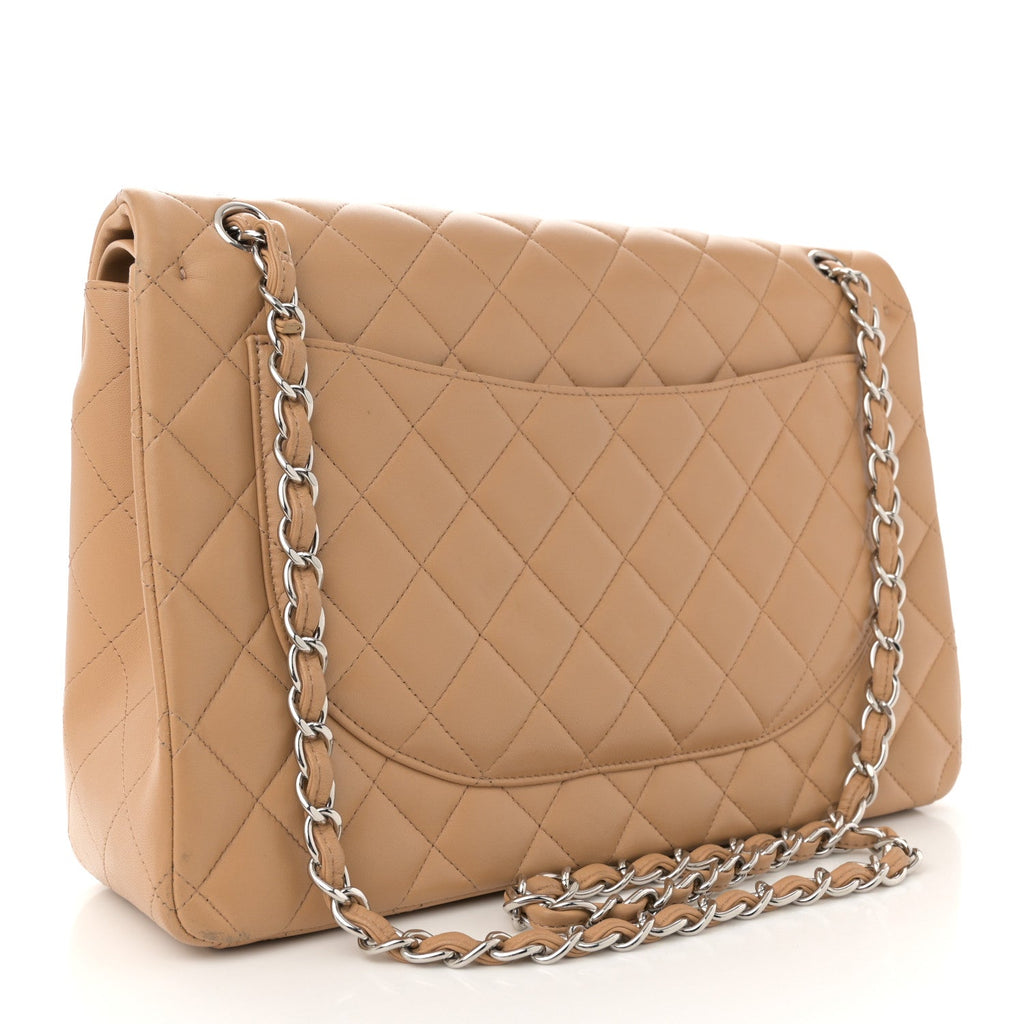 Lambskin Quilted Maxi Double Flap Beige