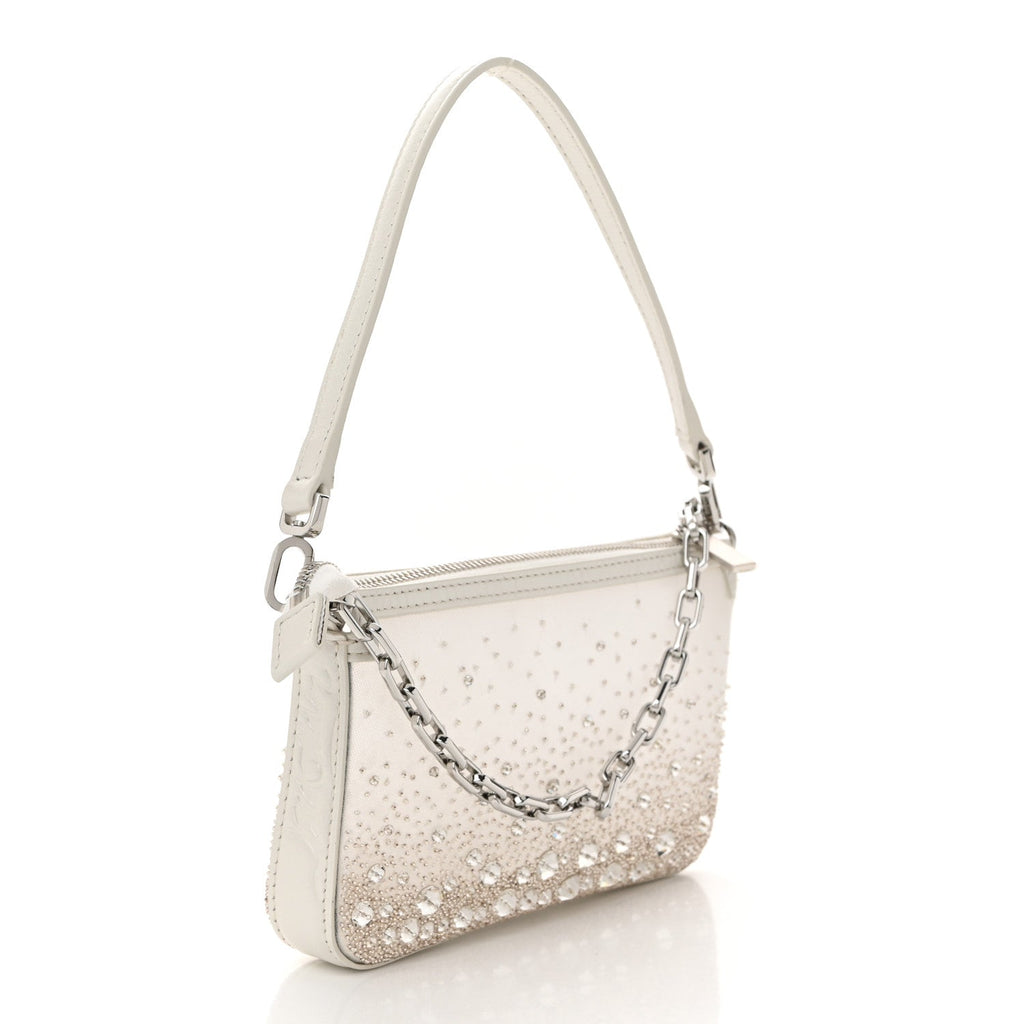 Mesh Fabric Crystal Embellished Mini Loubila Chain Clutch Bianco Silver