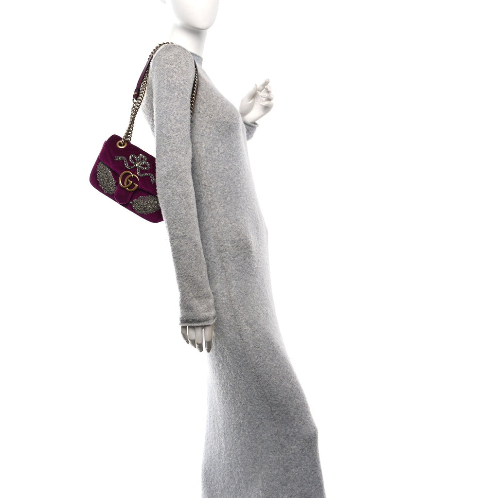 Velvet Matelasse Embroidered Mini GG Marmont Shoulder Bag Bordeaux
