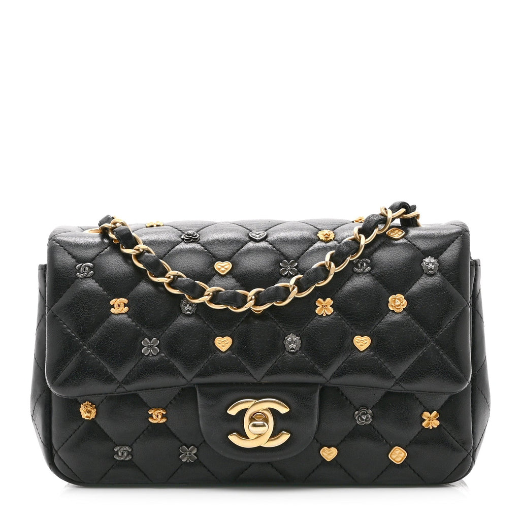 Lambskin Quilted Studded Mini Rectangular Flap Black