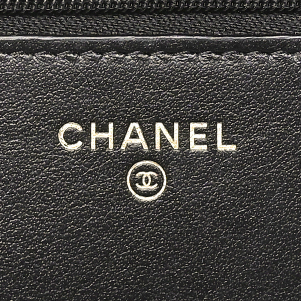 Shiny Aged Calfskin Enamel Logo Quilted Wallet On Chain WOC Black