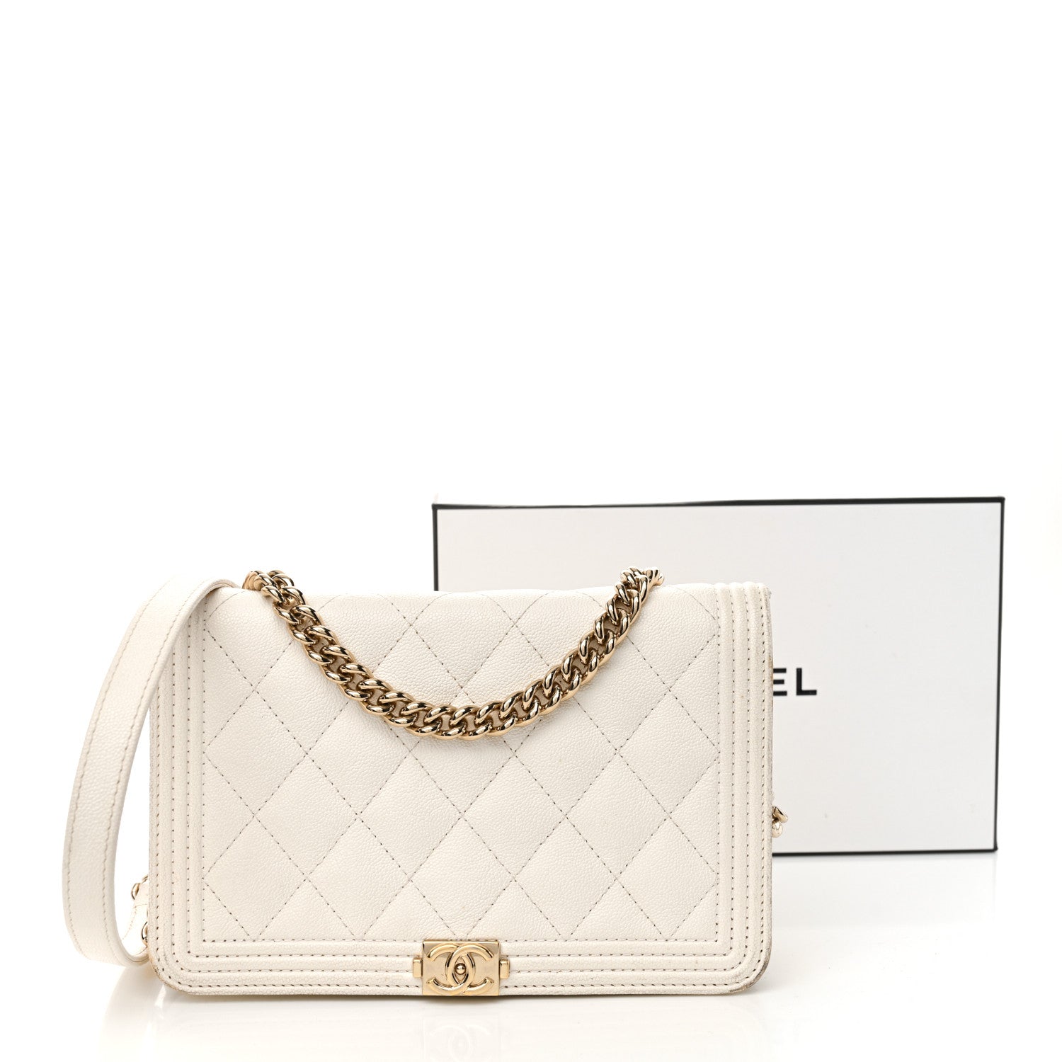 Caviar Quilted Boy Wallet On Chain WOC White