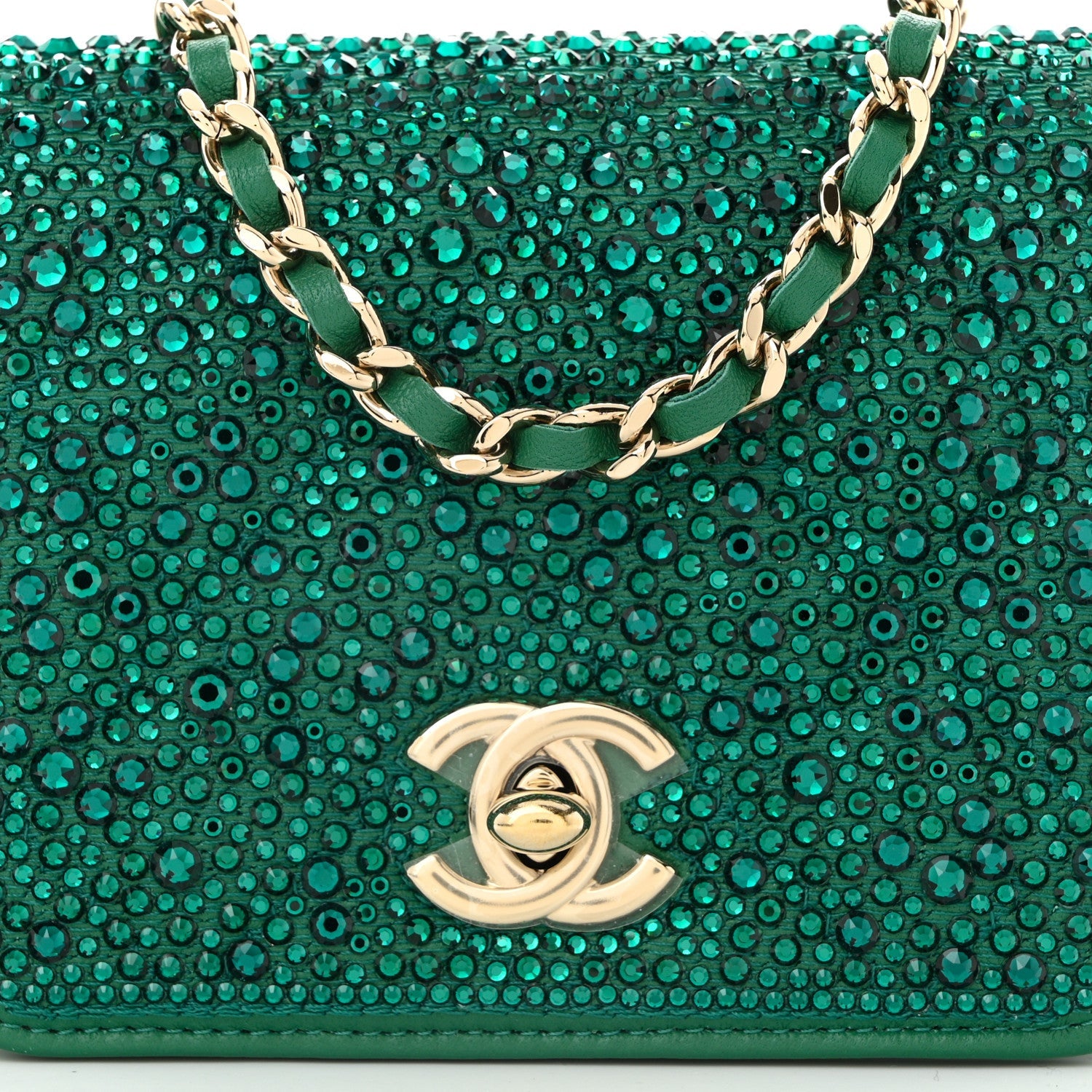 Lambskin Crystal Diamante Clutch With Chain Green