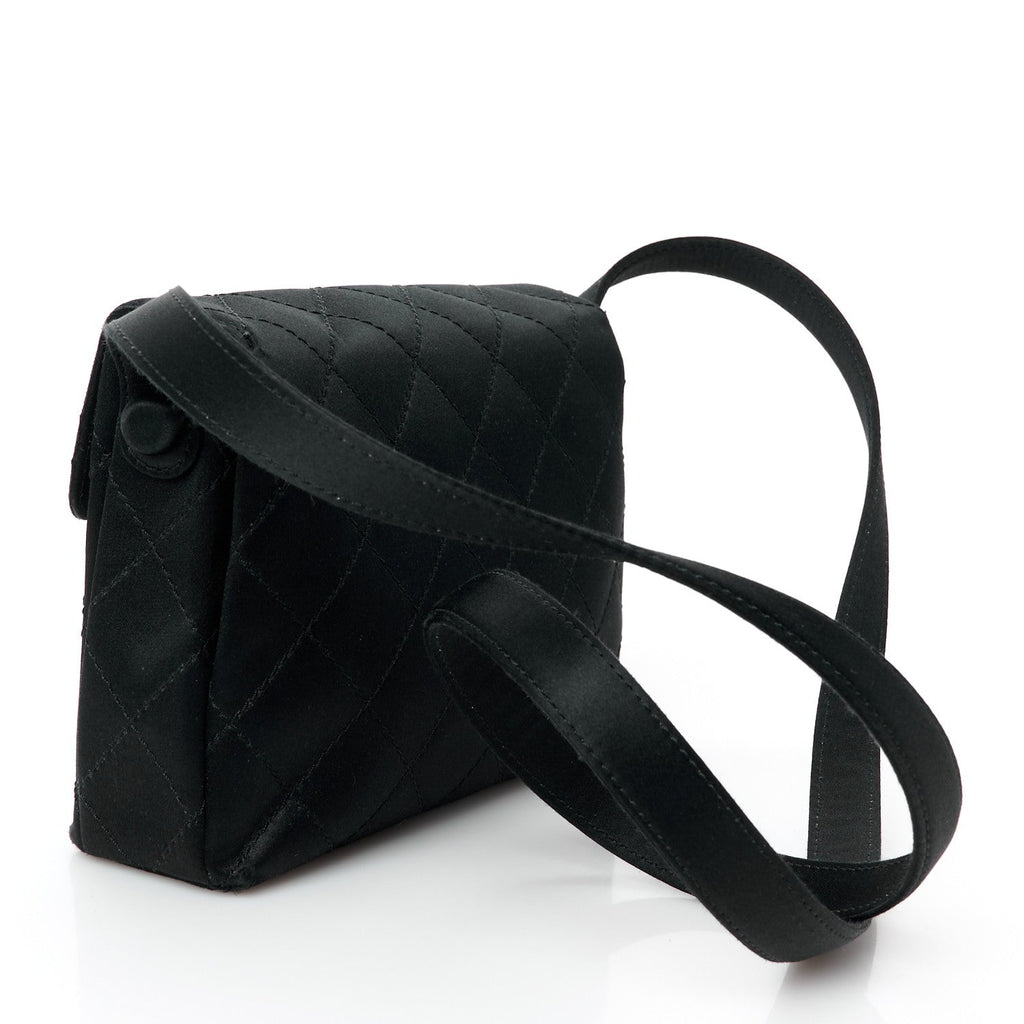 Satin Quilted Crystal CC Mini Square Flap Black