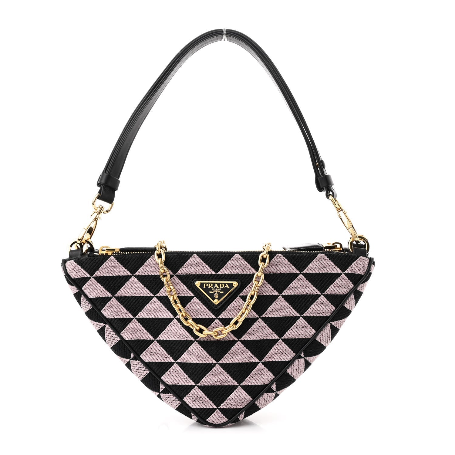 Jacquard Calfskin Triangolo Symbole Embroidered Mini Triangle Double Bag Black Alabastro