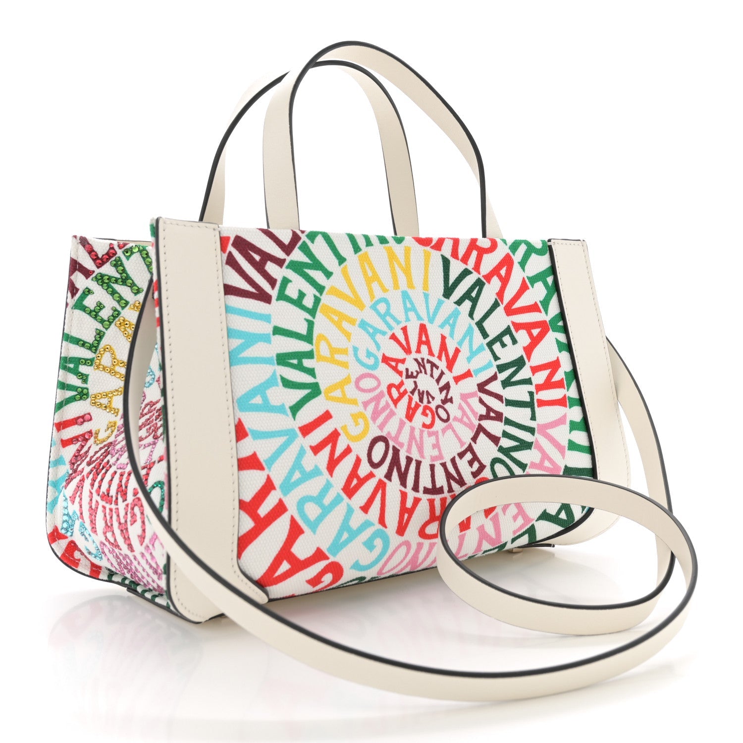 Canvas Calfskin Crystal Small Escape Loop Vlogo Signature Tote White Multicolor