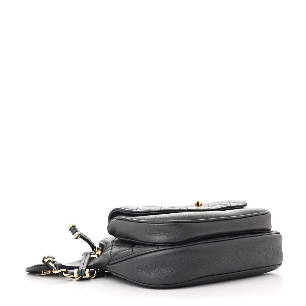 Calfskin Flap Chain Waist Bag Black