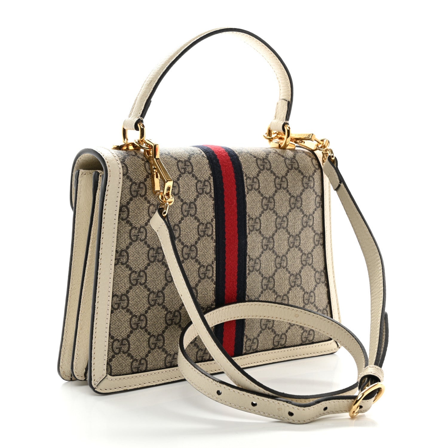 GG Supreme Monogram Textured Dollar Calfskin Web Small Ophidia Padlock Top Handle Bag Beige Ebony Mystic White
