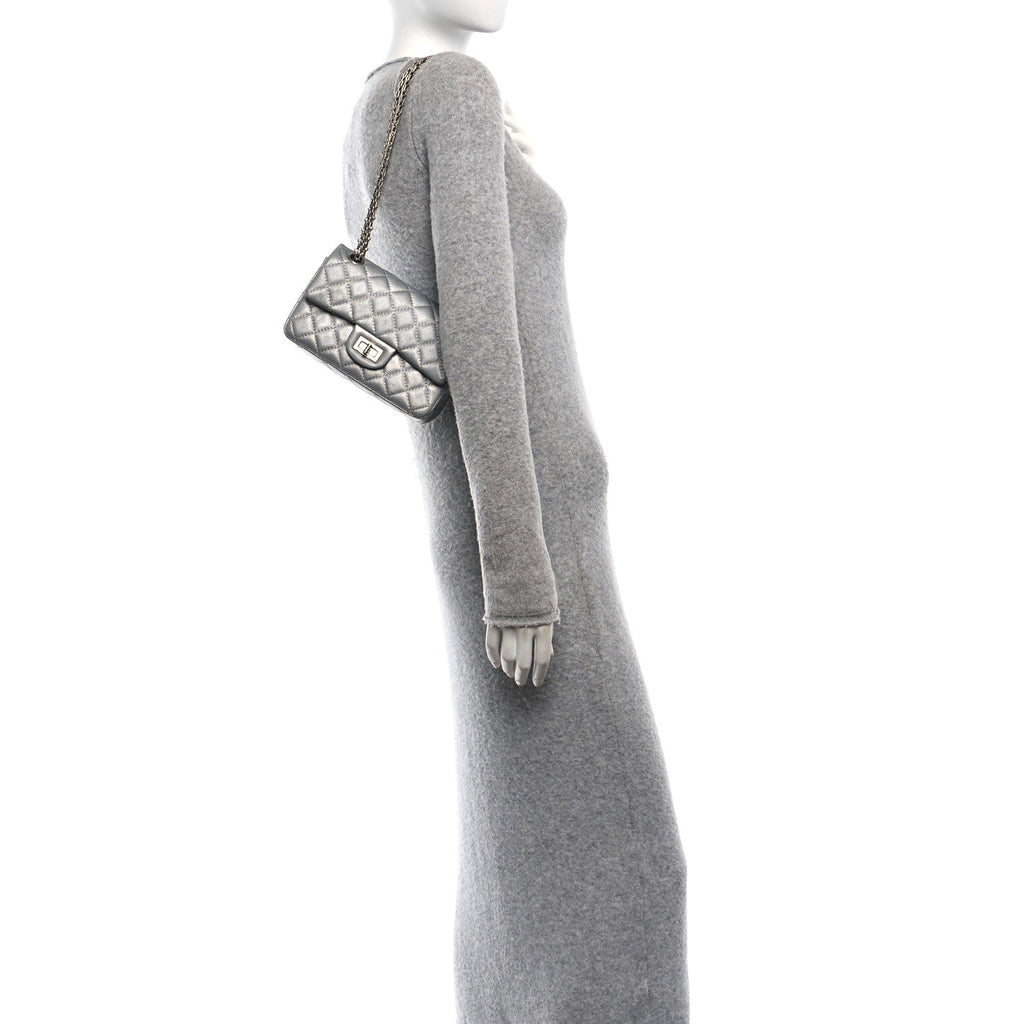Metallic Grained Calfskin Quilted 2.55 Reissue Mini Flap Silver