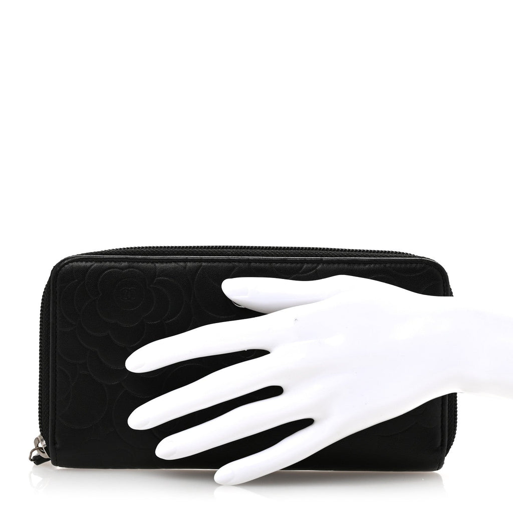 Lambskin Camellia Embossed Large Zip Around Gusset Wallet Black