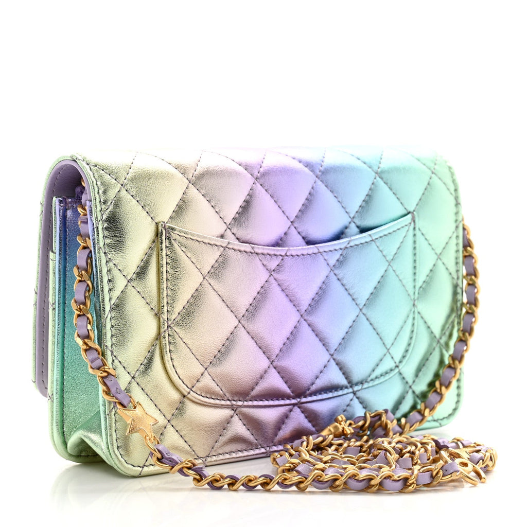 Iridescent Lambskin Quilted Glitter CC Roller Skate Wallet On Chain WOC Multicolor