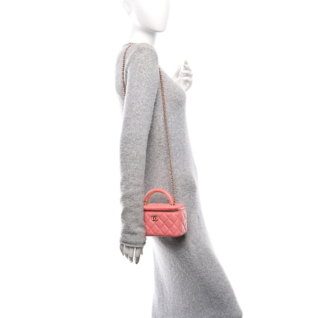 Lambskin Quilted Small Charming Top Handle Vanity Case With Chain Pink