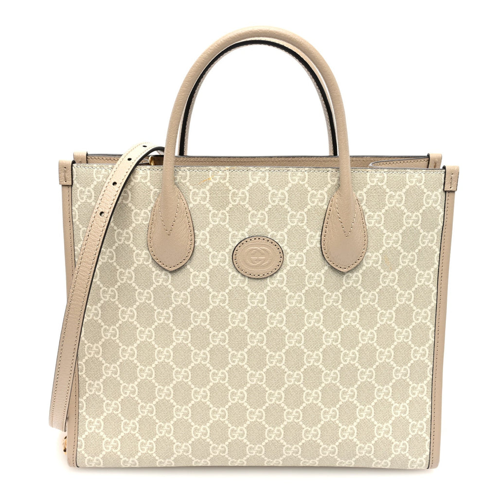 GG Supreme Monogram Textured Dollar Calfskin Small Retro Interlocking G Tote Bag Beige Mystic White Oatmeal