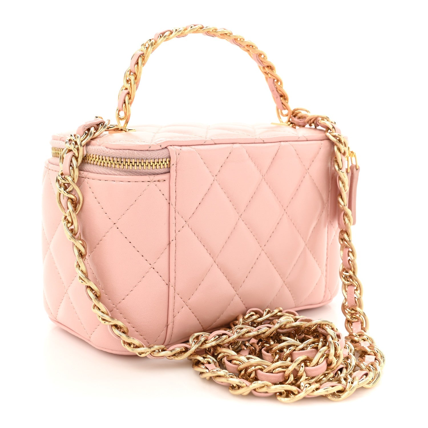 Lambskin Quilted Small Top Handle Vanity Case With Chain Light Pink