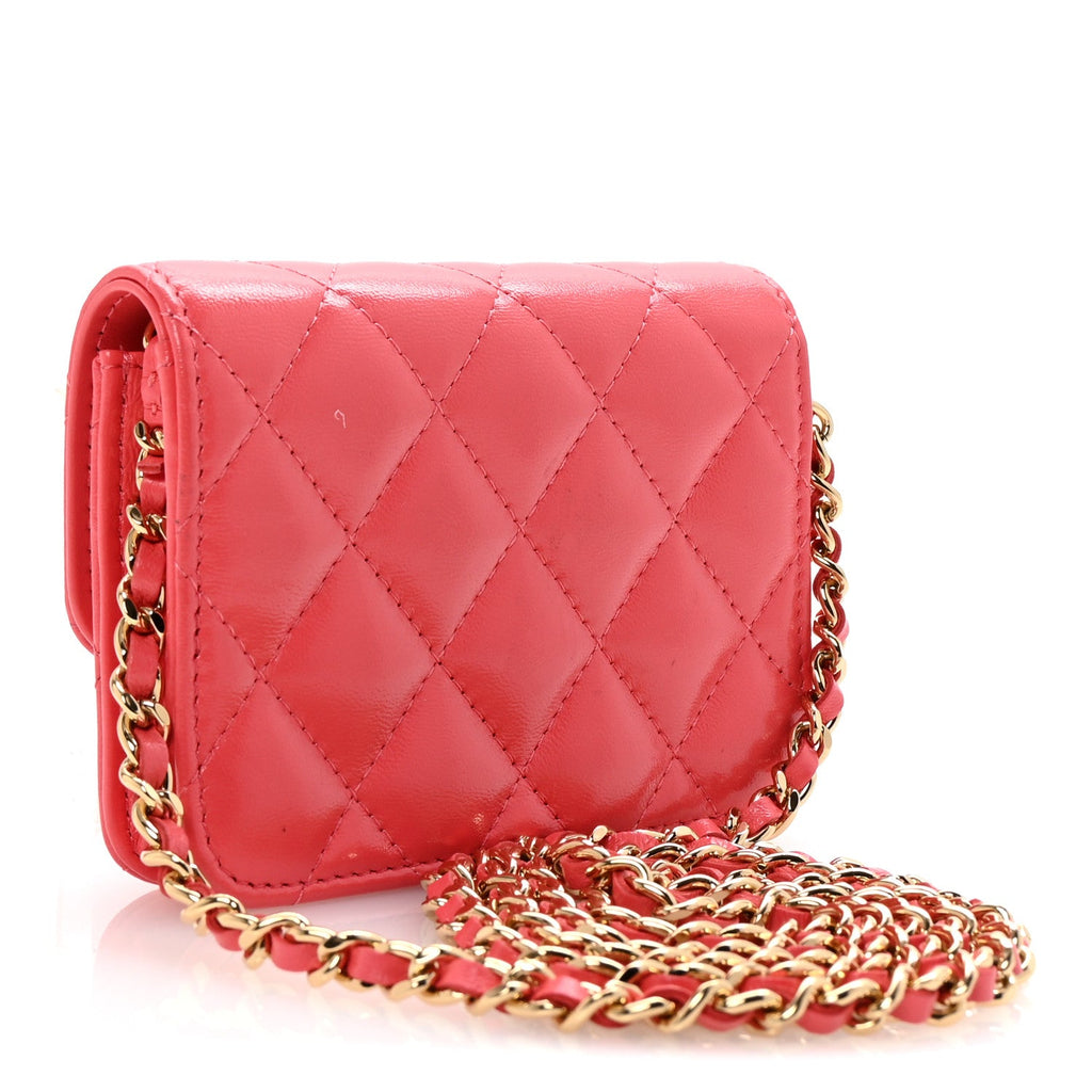 Shiny Lambskin Quilted  Holder On Chain Pink