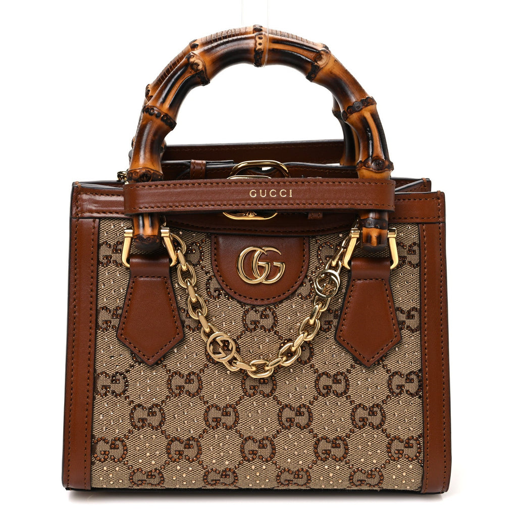 New Canvas Charisma Calfskin Crystal GG Monogram Mini Diana Tote Bag Camel Ebony