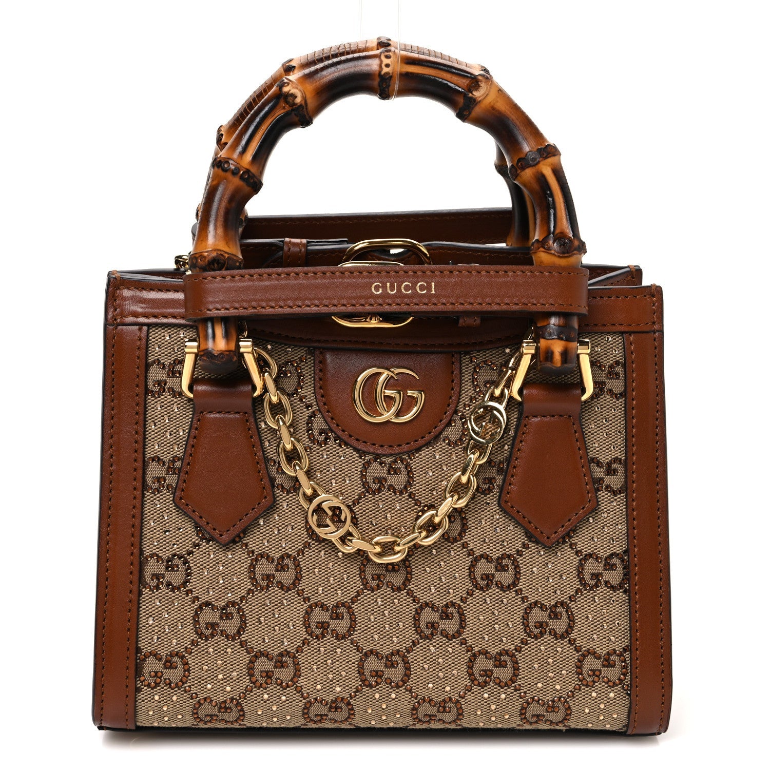 New Canvas Charisma Calfskin Crystal GG Monogram Mini Diana Tote Bag Camel Ebony
