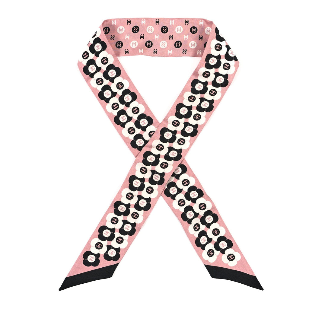 Silk Slim Reversible Camellia CC Bandeau Scarf Black White Pink
