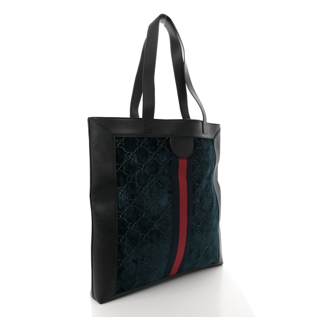 Velvet GG Monogram Textured Calfskin Web Large Ophidia Vertical Shopping Tote Blue Beige Black