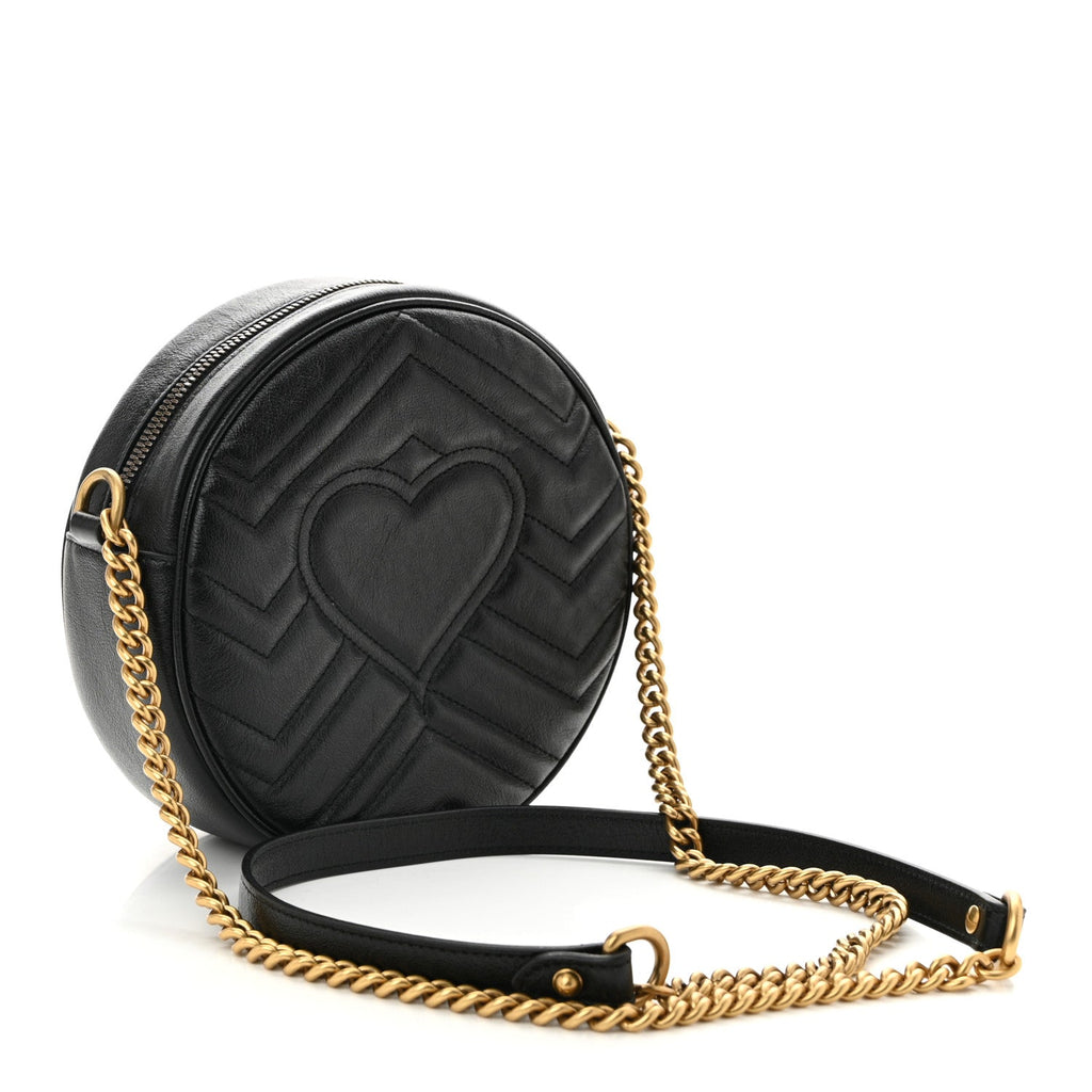 Azalea Calfskin Matelasse Heart Mini GG Marmont Round Shoulder Bag Black
