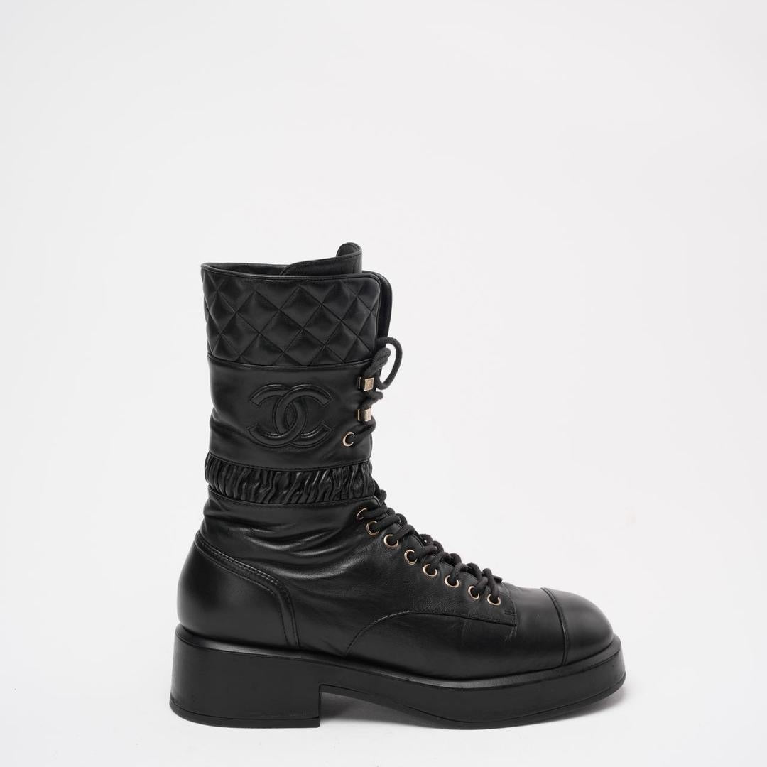 Chanel Black Lace Up Combat Boots Lambskin 39