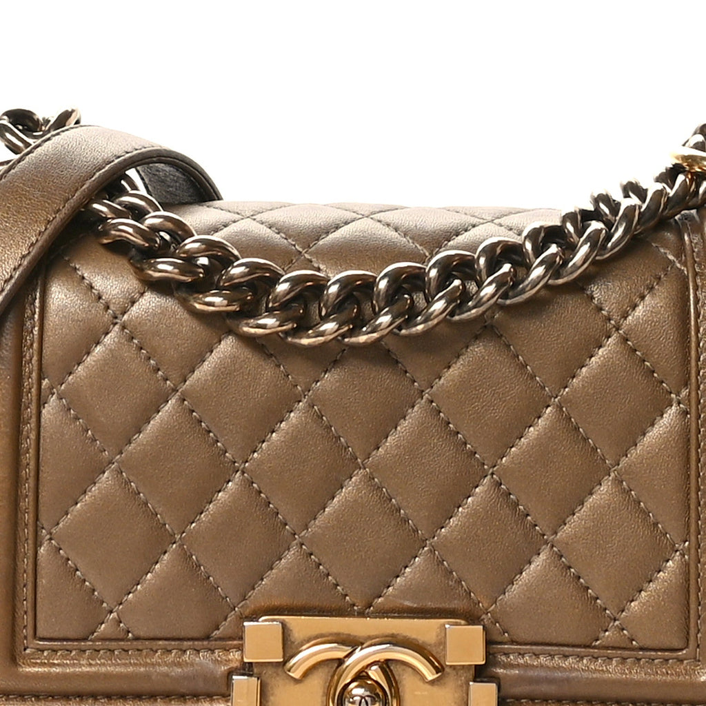Metallic Calfskin Quilted Small Boy Flap Gold
