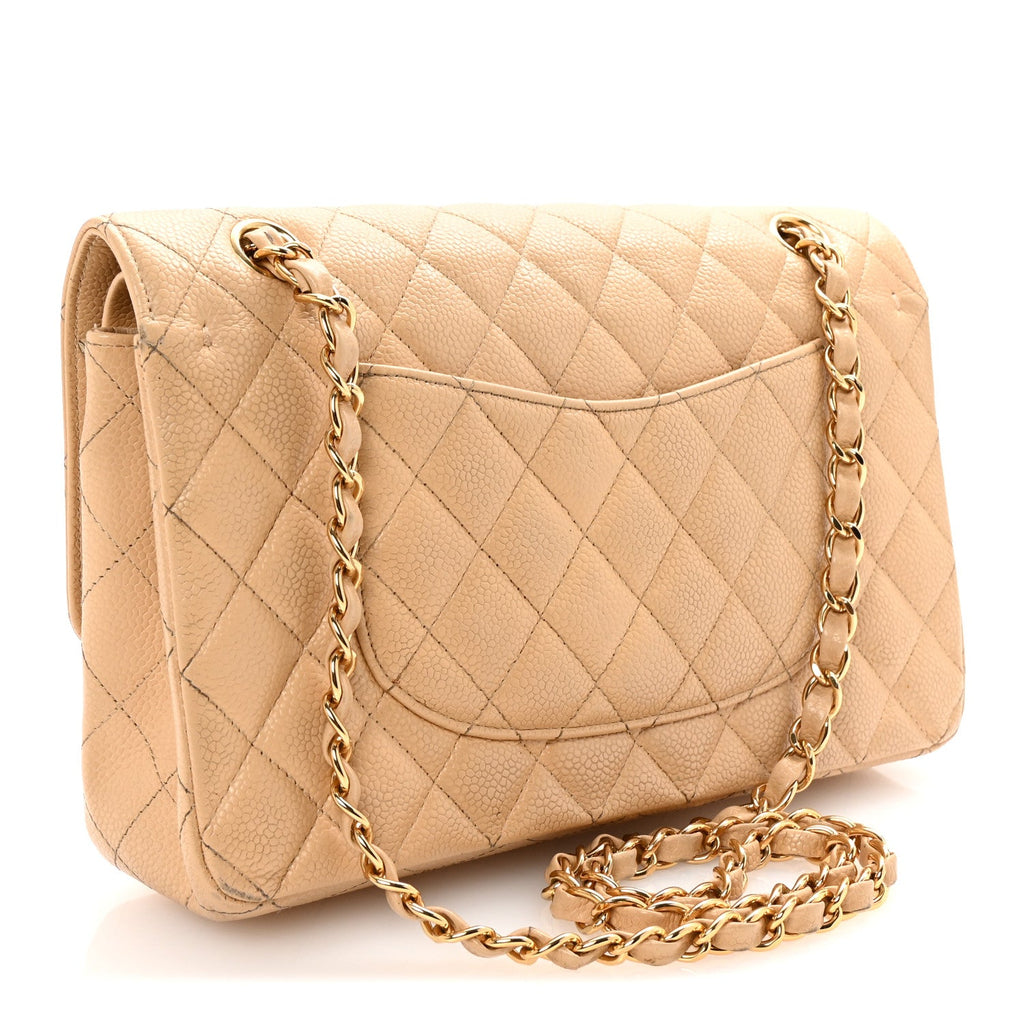 Caviar Quilted Medium Double Flap Beige