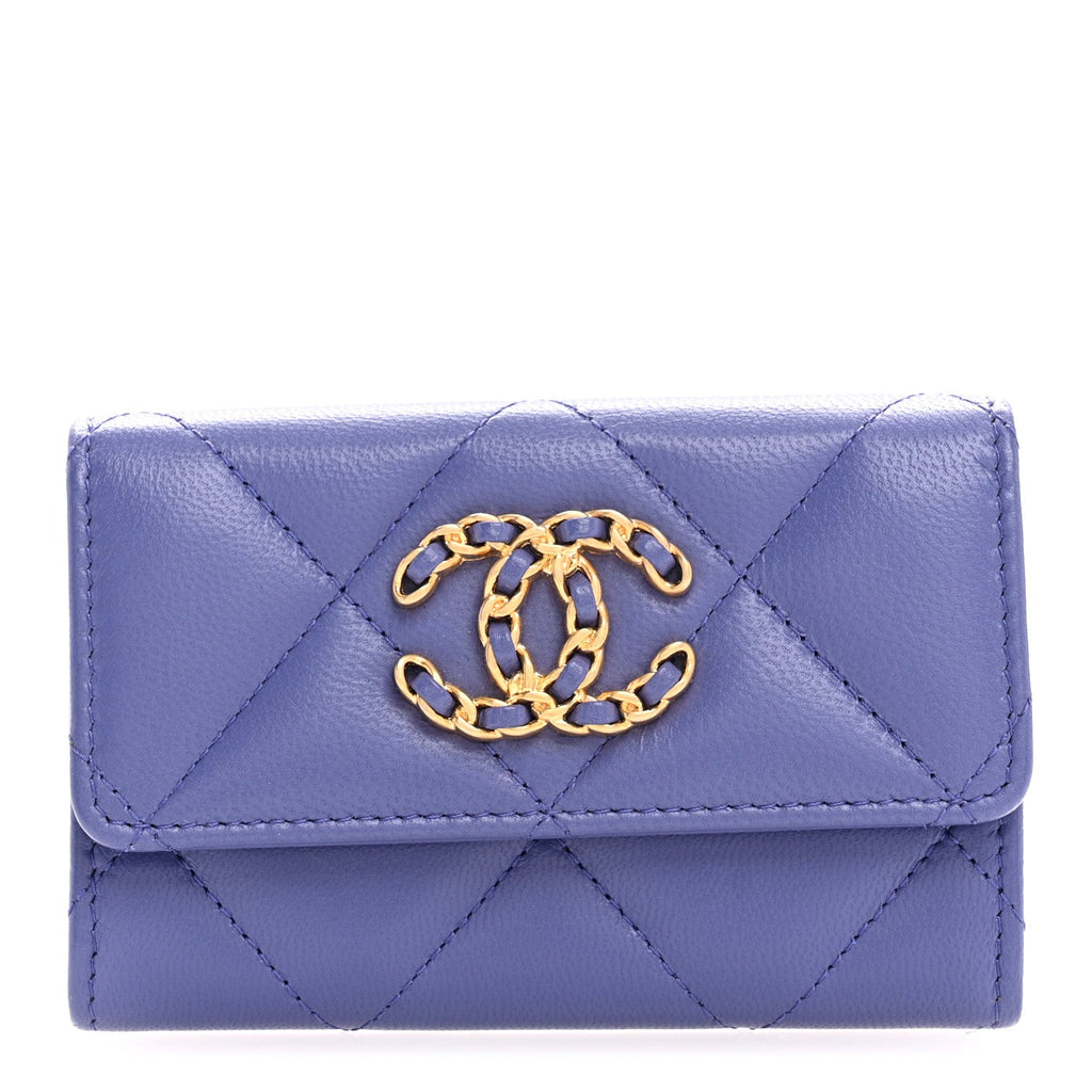 Goatskin Quilted Chanel 19 Small Flap Wallet Purple