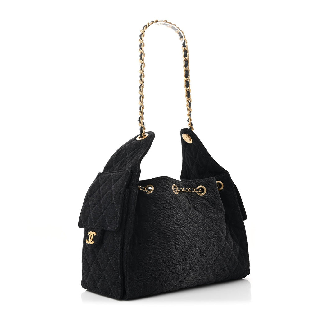 Washed Denim Quilted Small Chanel 25 Handbag Black