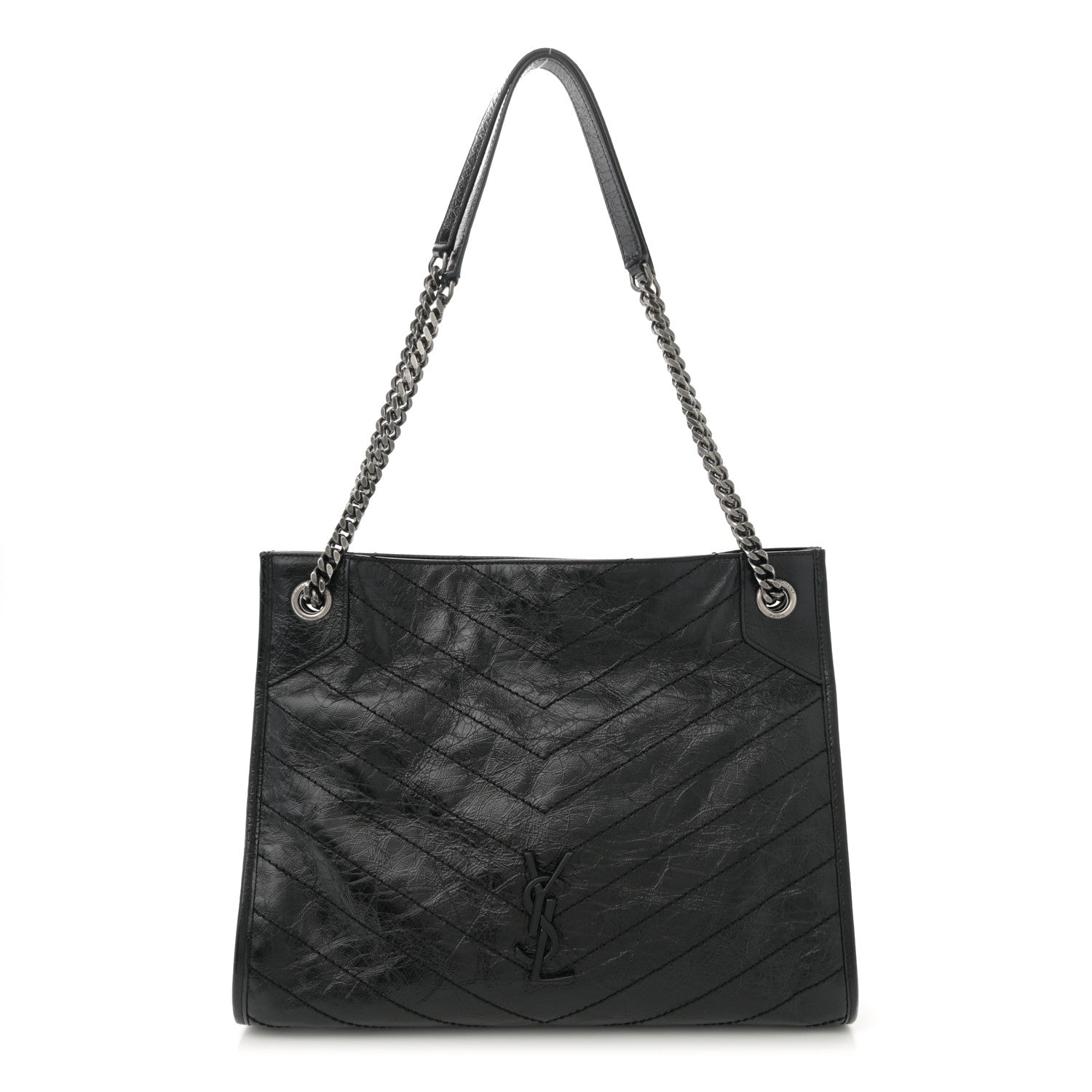 Crinkled Calfskin Matelasse Monogram Medium Niki Shopper Tote Black