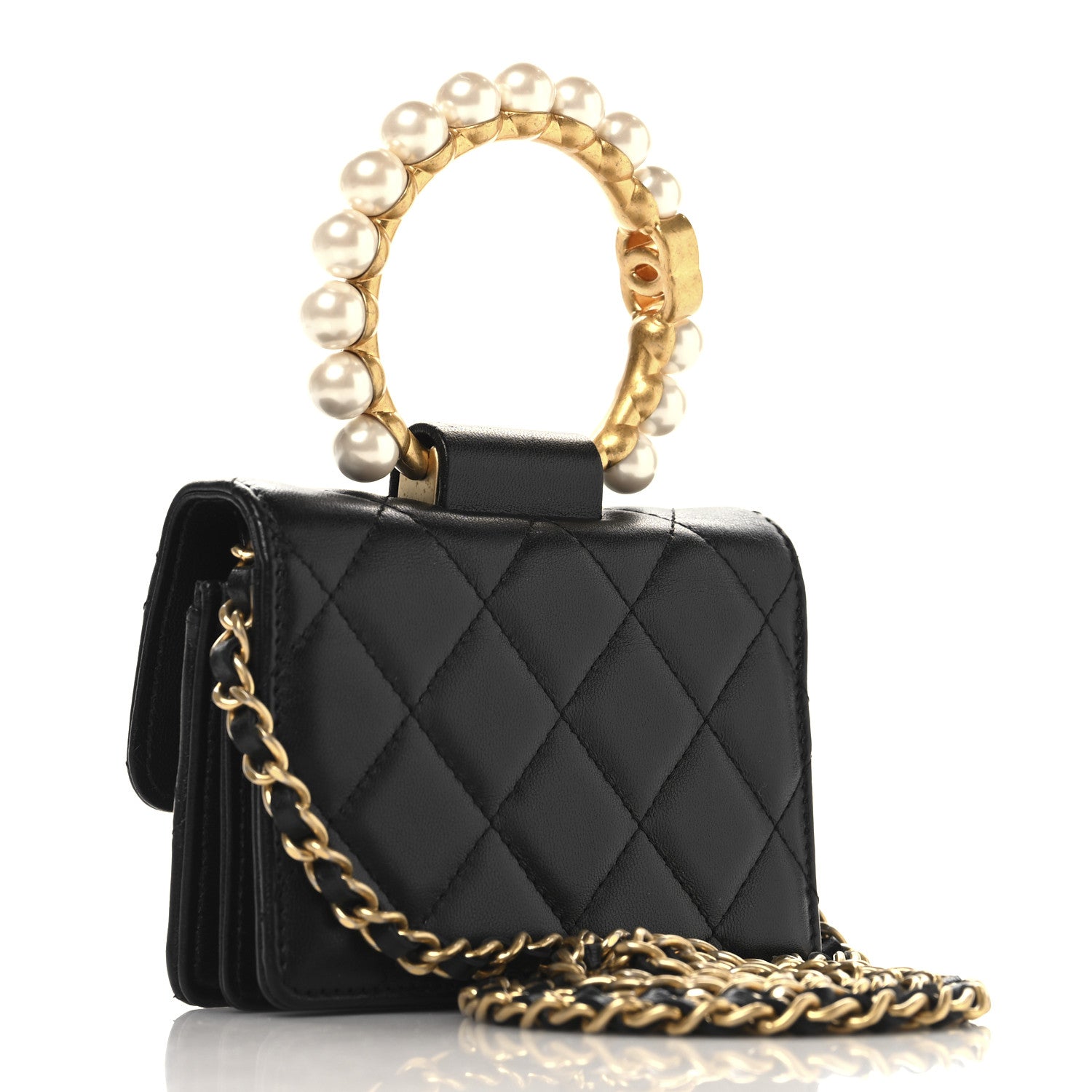 Lambskin Quilted Pearl Crown Clutch With Chain Black