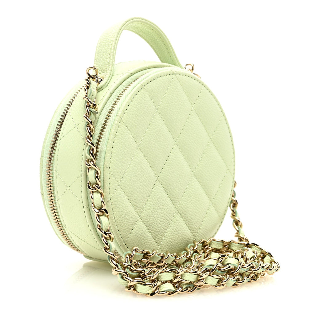 Caviar Quilted Round Handle With Care Vanity With Chain Light Green