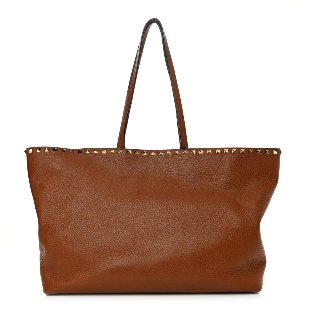 Grained Calfskin Rockstud Shoulder Tote Bright Cognac